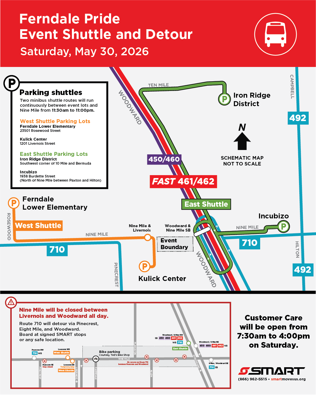 Map of Route 710 detour and parking shuttle locations