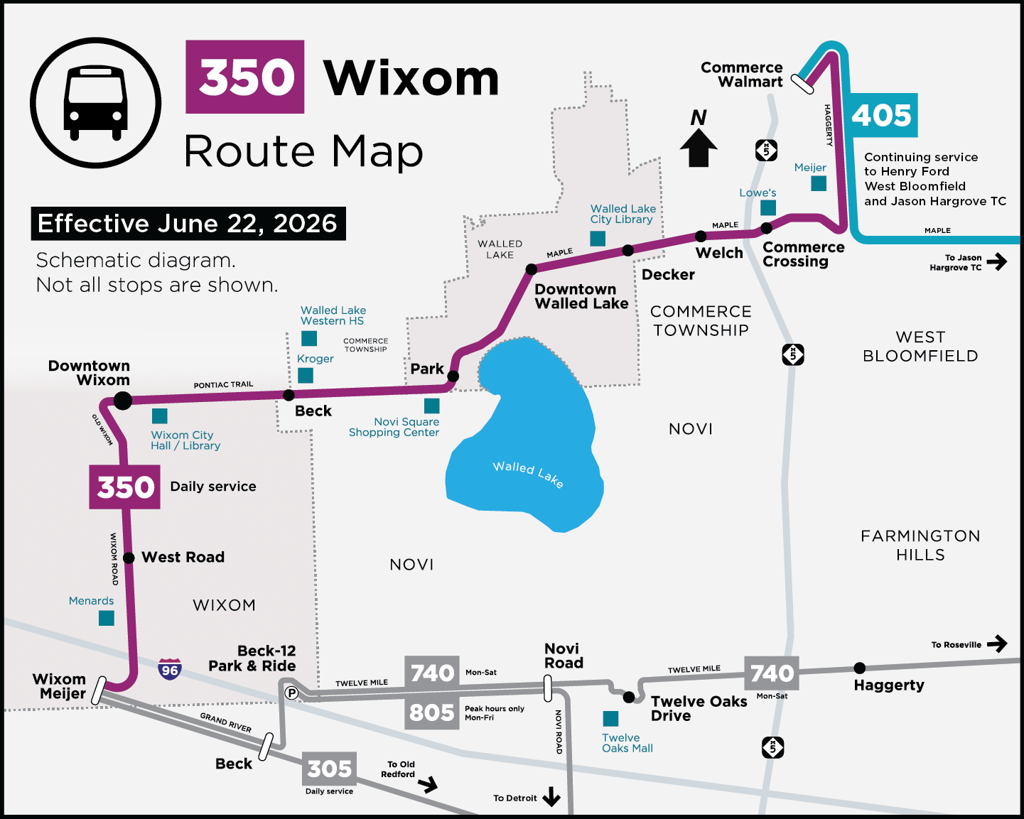 An updated schematic map of Route 350. Buses will travel from Wixom Meijer on Grand River to Commerce Township Walmartt via Wixom, Pontiac Trail, Maple and Haggerty. Route 405 will be extended west along Maple and north along Haggerty to meet the 350 at Walmart.