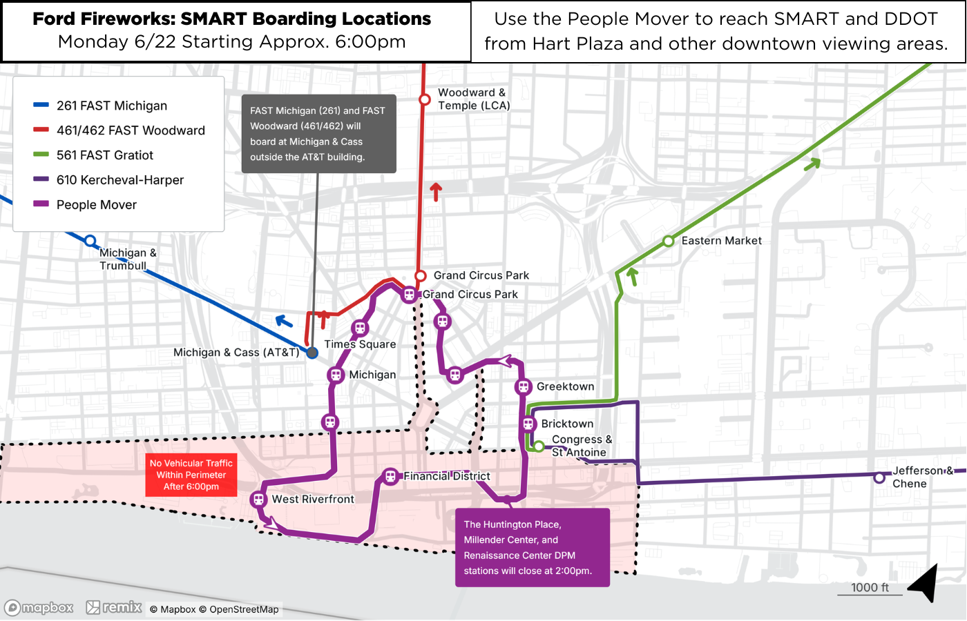Map of detour routing downtown. Most stops will be closed along Jefferson or Larned west of I-375. Map of detour routing downtown. Most stops will be closed along Jefferson or Larned west of I-375.