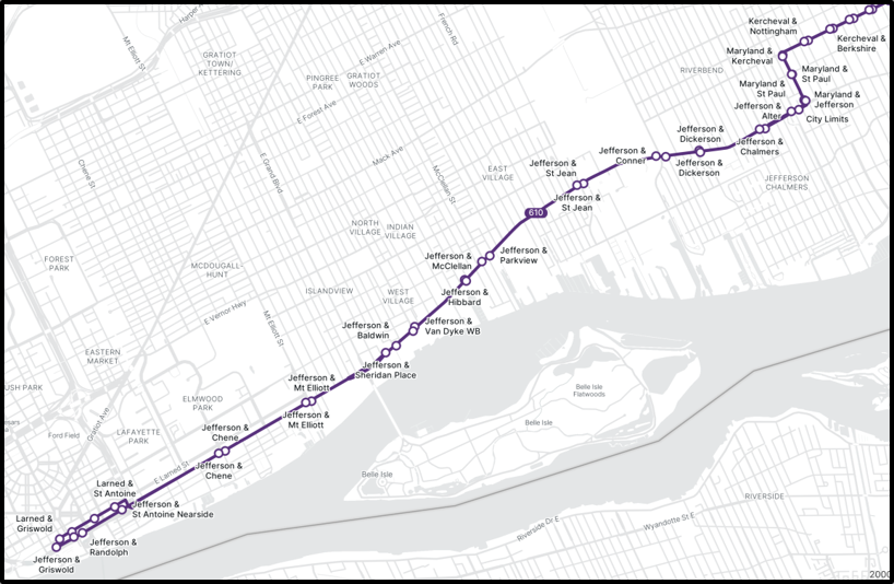 A map of the Route 610 extension, showing limited stop locations along Jefferson as described above