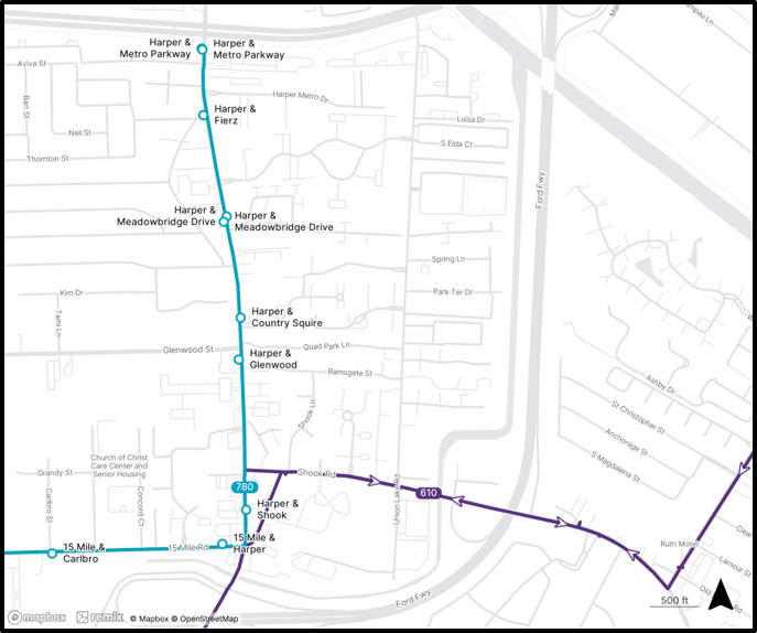 A map of the 780 extension to Metro Parkway, serving stops at Shook, Glenwood, Country Squire, Meadowbridge Drive, and Fierz
