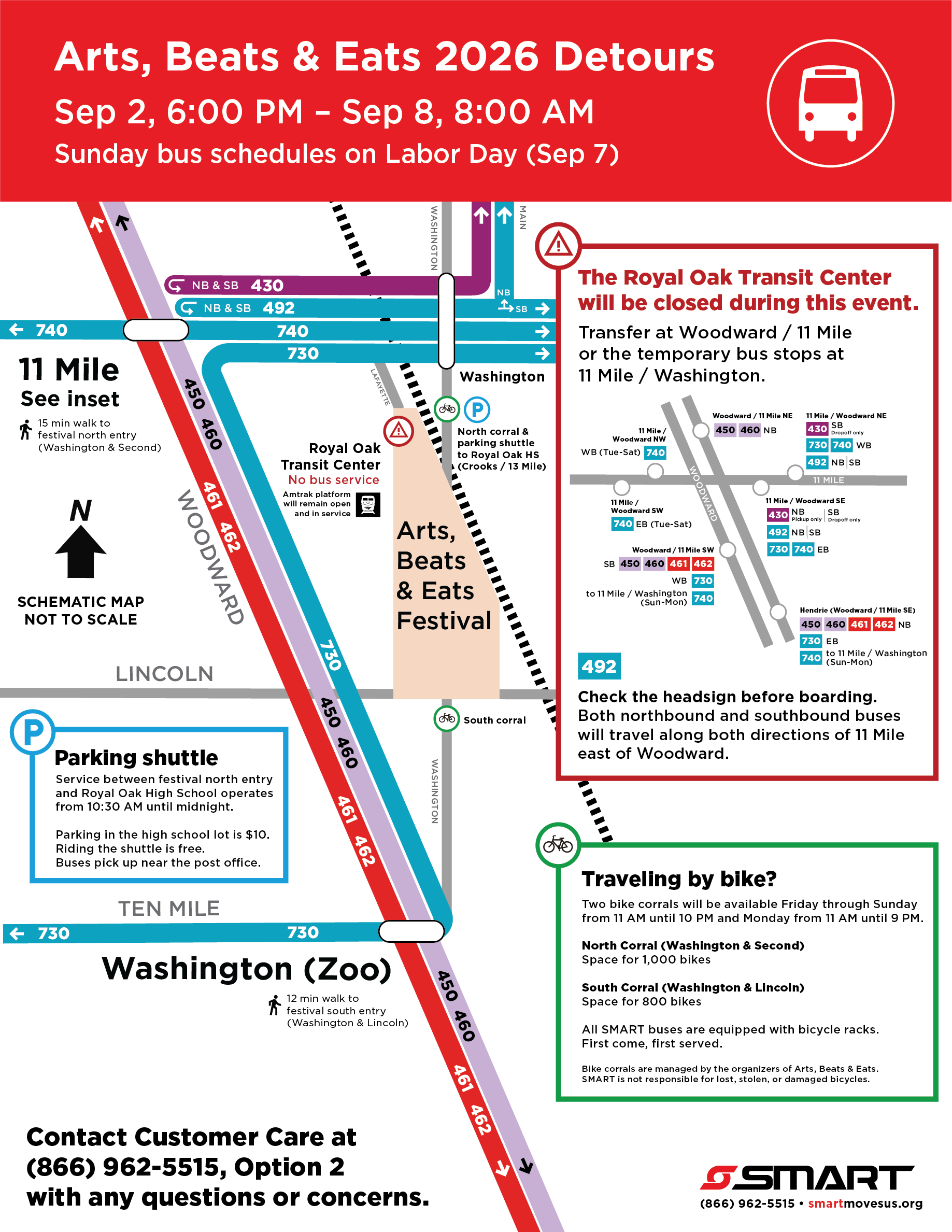 A map of detours on Woodward service plus the 430, 492, 730, and 740 during Arts, Beats, and Eats. The Royal Oak Transit Center will be closed.