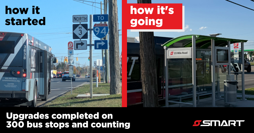 Two photos, one labeled "how it started" and another labeled "how it's going" showing the bus stop at Gratiot and 23 Mile northbound. Before improvements, riders had to board from the grass next to the curb. Now, a shelter with a bench and real-time display has been installed along with a concrete walkway. Two photos, one labeled "how it started" and another labeled "how it's going" showing the bus stop at Gratiot and 23 Mile northbound. Before improvements, riders had to board from the grass next to the curb. Now, a shelter with a bench and real-time display has been installed along with a concrete walkway.