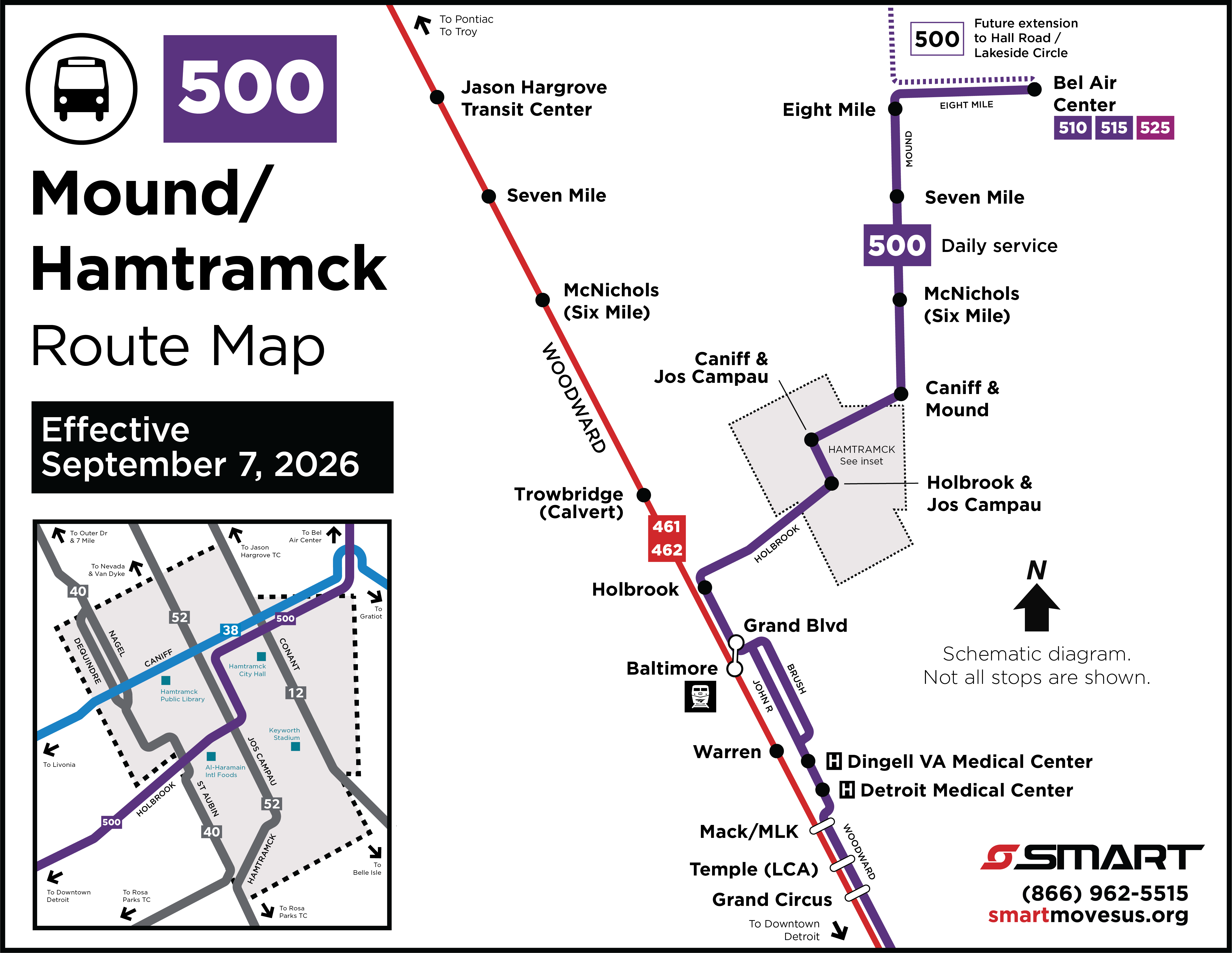 An updated schematic map of Route 500 highlighting the connection to FAST Woodward at Grand, one block north of the Baltimore/Milwaukee stop outside the Amtrak station. Route 500 will travel via Holbrook, Joseph Campau, and Caniff in Hamtramck. The route intersects 20 DDOT routes as it travels from downtown Detroit to Bel Air Center at 8 Mile and Van Dyke." An updated schematic map of Route 500 highlighting the connection to FAST Woodward at Grand, one block north of the Baltimore/Milwaukee stop outside the Amtrak station. Route 500 will travel via Holbrook, Joseph Campau, and Caniff in Hamtramck. The route intersects 20 DDOT routes as it travels from downtown Detroit to Bel Air Center at 8 Mile and Van Dyke."