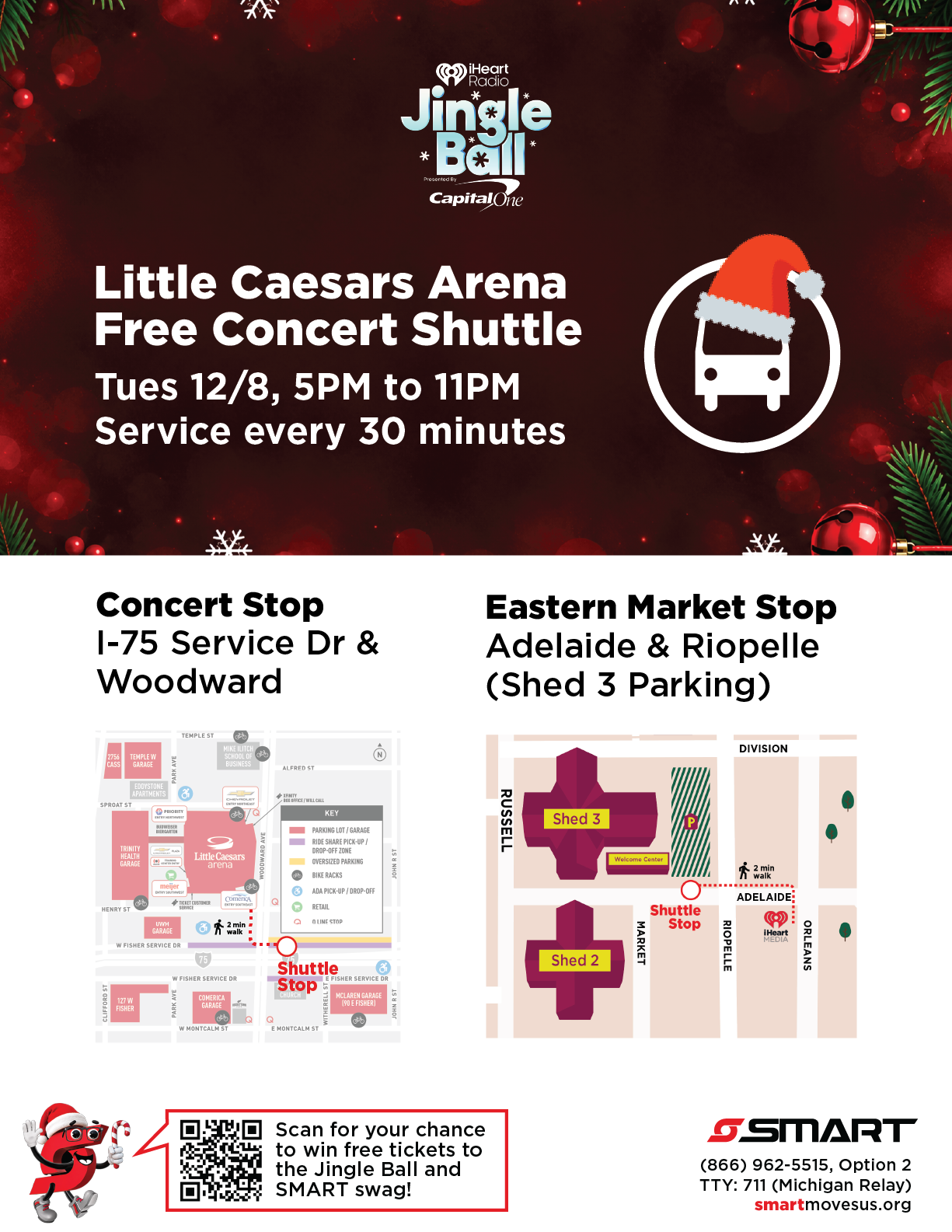Map of the Jingle Ball shuttle pickup locations. Concert dropoff is along the westbound I-75 Service Drive east of Woodward in the rideshare zone, a two-minute walk from Little Caesars Arena. Eastern Market pickup is on westbound Adelaide west of Riopelle near Shed 3, a short walk from the iHeart Media radio station.