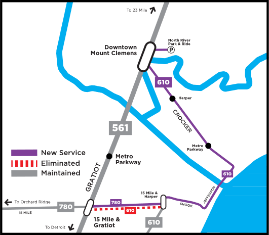A schematic map of service modifications in the Mount Clemens area. Route 780 will be extended east from Gratiot to Harper to connect with the Route 610 extension. A schematic map of service modifications in the Mount Clemens area. Route 780 will be extended east from Gratiot to Harper to connect with the Route 610 extension.