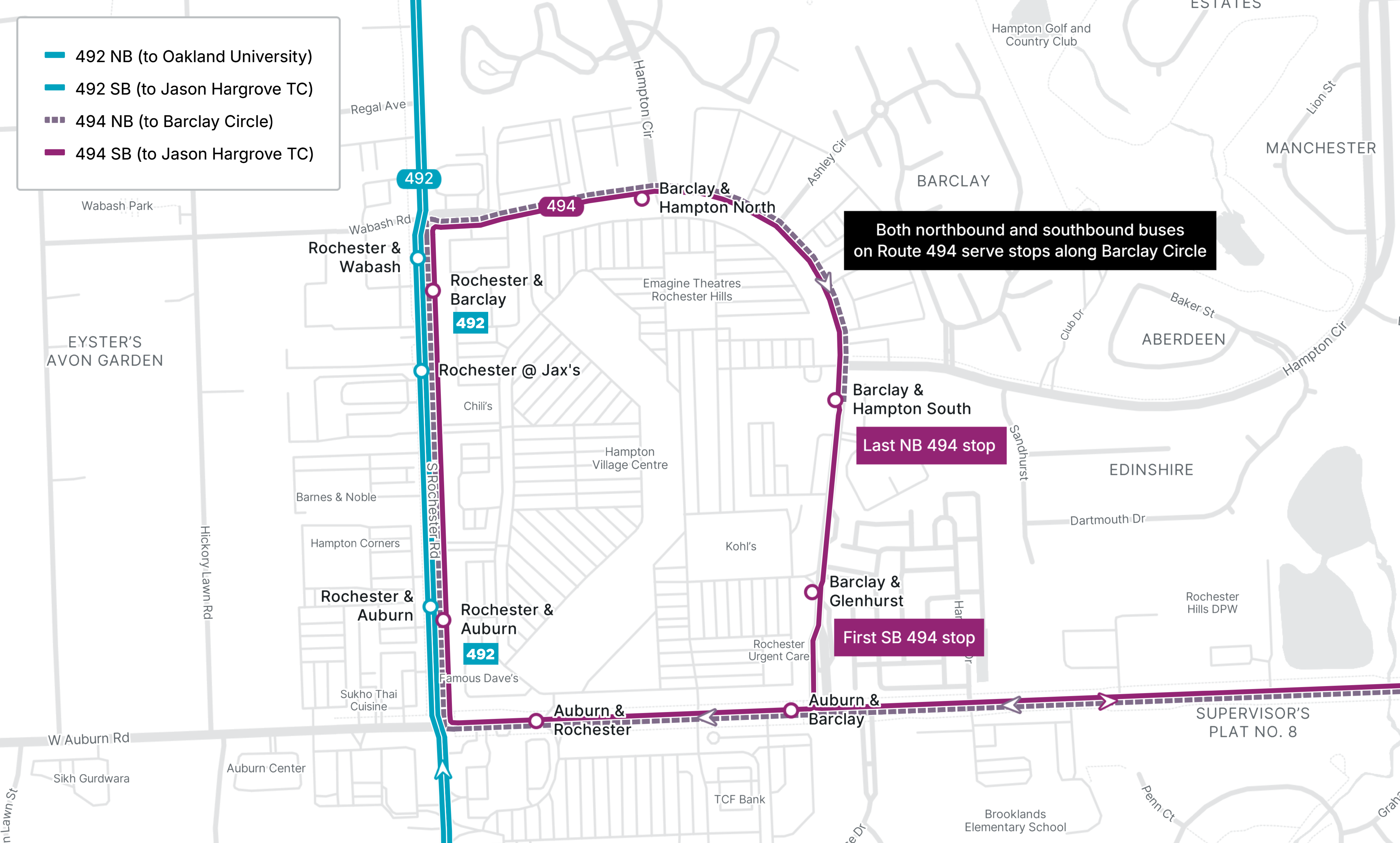 Map of Route 494 endpoint. Buses travel in a clockwise loop around Barclay Circle northeast of Rochester and Auburn. Map of Route 494 endpoint. Buses travel in a clockwise loop around Barclay Circle northeast of Rochester and Auburn.