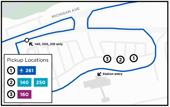 A map of the three in-service shelters directly outside the Dearborn Transit Center doors. The shelter on Michigan Avenue itself at the northwest corner of the parking lot is only served by Routes 140, 200, and 210. A map of the three in-service shelters directly outside the Dearborn Transit Center doors. The shelter on Michigan Avenue itself at the northwest corner of the parking lot is only served by Routes 140, 200, and 210.