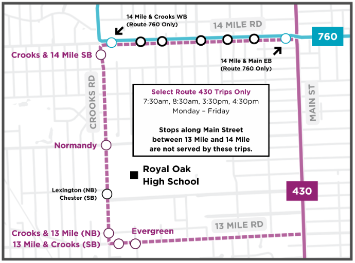 A map of the new stops along the Route 430 deviation to Royal Oak High School A map of the new stops along the Route 430 deviation to Royal Oak High School