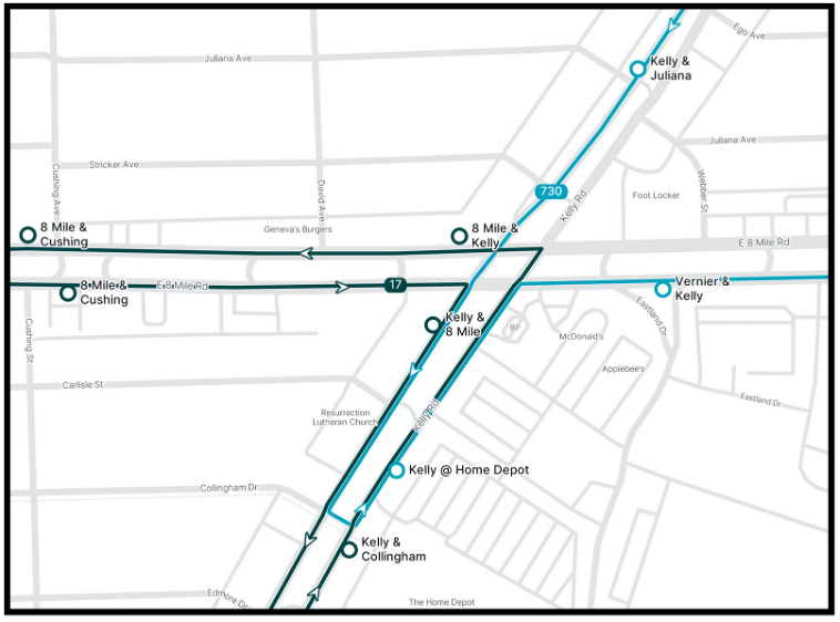 A map of the updated eastbound 730 routing through the intersection of 8 Mile and Kelly with transfer points to DDOT Route 17 shown A map of the updated eastbound 730 routing through the intersection of 8 Mile and Kelly with transfer points to DDOT Route 17 shown